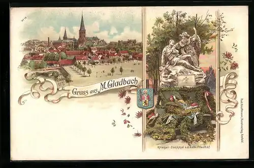 Lithographie Mönchen Gladbach, Ortsansicht mit Krieger-Denkmal