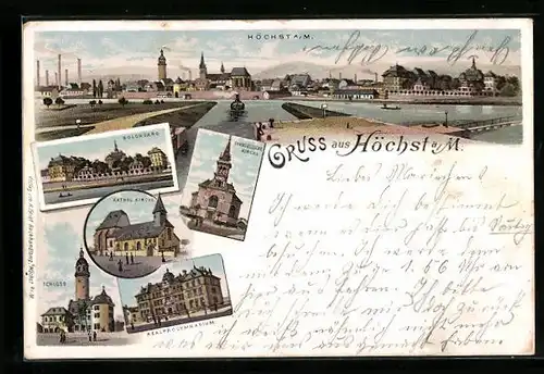 Lithographie Höchst a.M., Panorama, Bolongaro, Schloss