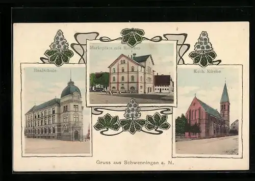 AK Schwenningen a.N., Realschule, Marktplatz mit Rathaus, Katholische Kirche