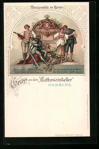 Lithographie Hamburg, Wandgemälde im Remter des Gasthauses Ratsweinkeller, Weintrinker