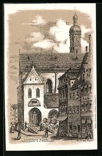 Künstler-AK Landsberg a. Lech, Hauptportal der Pfarrkirche