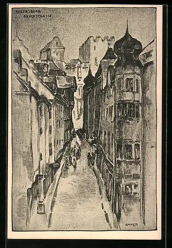 Künstler-AK Regensburg, Brückstrasse aus der Vogelschau