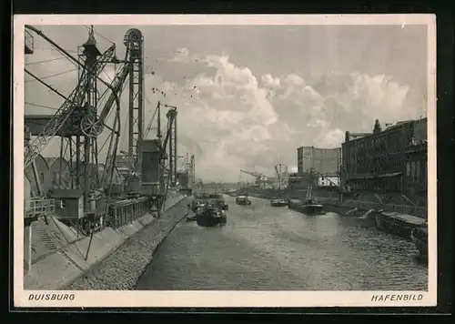 AK Duisburg, Hafenpartie mit Frachtern und Kränen