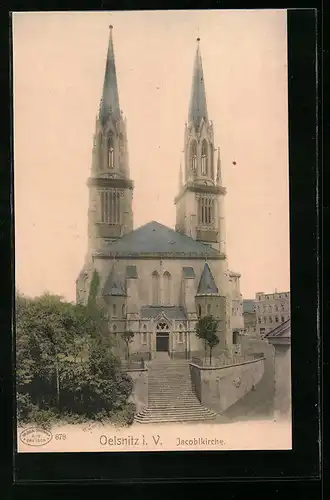AK Oelsnitz i. V., Jacobikirche aus der Vogelschau