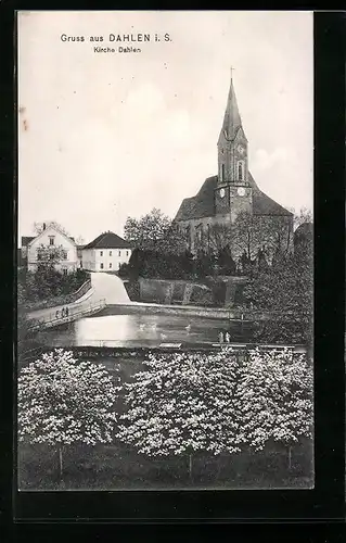 AK Dahlen i. S., Ortspartie mit Brücke und Kirche