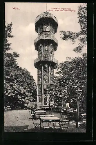 AK Löbau /Sa., Friedrich Augustturm mit Gastgarten