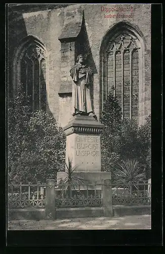 AK Dippoldiswalde, Lutherdenkmal mit Kirchenfenstern