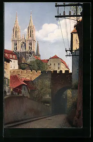 AK Meissen, Hohlweg mit Mauer und Kirche
