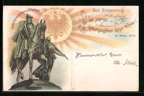 Lithographie Berlin, 100 jährige Geburtstagsfeier Kaiser Wilhelm I.1897, Kaiser-Statue vom National-Denkmal