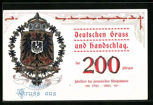 AK Zweihundertjährige Jubelfeier de preussischen Köngishauses, 1701-1901, Wappen