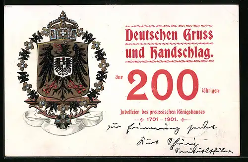 AK Zweihundertjährige Jubelfeier de preussischen Köngishauses, 1701-1901, Wappen