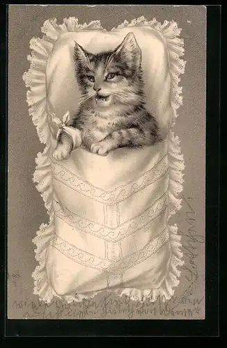 Präge-Lithographie Katze mit Pfotenverband in einem Baby-Bettchen