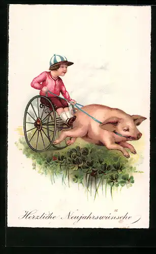 AK Knabe lässt sich von einem Schwein ziehen, Neujahrsgruss