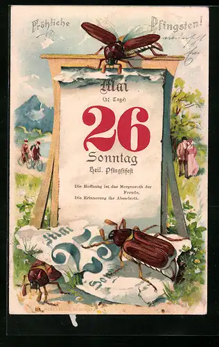 Lithographie Maikäfer mit Kalender, Frühlingsidylle mit Ausflüglern, Pfingstgruss