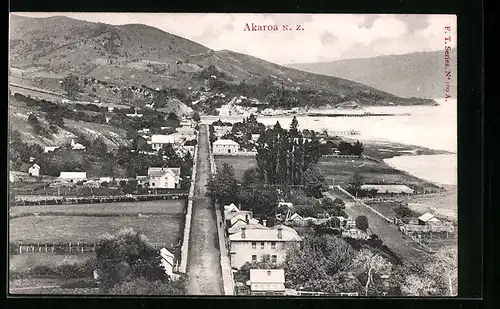 AK Akaroa, Ortsansicht aus der Vogelschau