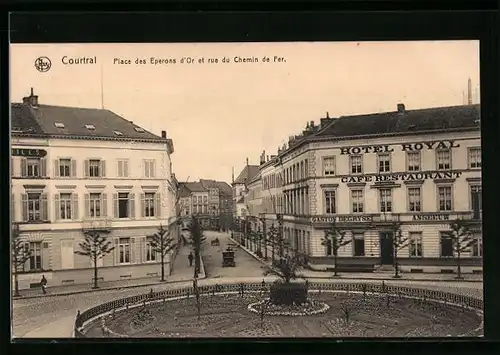 AK Courtrai, Place des Eperons d`Or et rue du Chemin de Fer