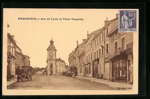 AK Meximieux, Rue de Lyon et Place Vaugelas