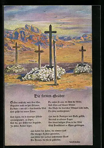 Künstler-AK Kriegsgräber mit Kreuzen in einer kargen Landschaft, Gedicht
