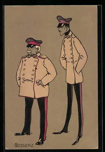 Künstler-AK Exzellenz, Offiziere in Uniformen