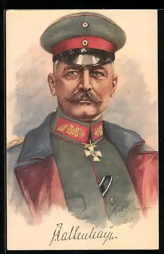 Künstler-AK Rudolf Schneider: Heerführer von Falkenhayn, Portrait in Uniform mit Schirmmütze
