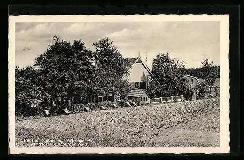 AK Isingdorf bei Werther i. W., Pension Tubbesing mit Liegestühlen am Ackerrand
