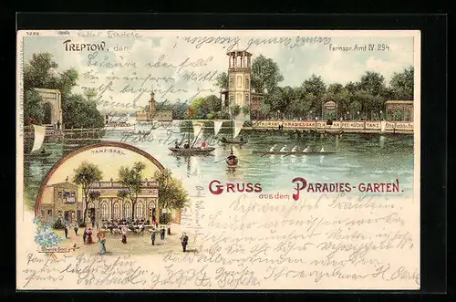Lithographie Berlin-Treptow, Gasthaus Paradies-Garten vom Wasser gesehen, Tanzsaal-Gebäude mit Garten
