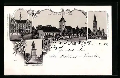 Lithographie Berlin-Schöneberg, Strassenpartie mit Dorfkirche und Pfarrhaus, Rathaus