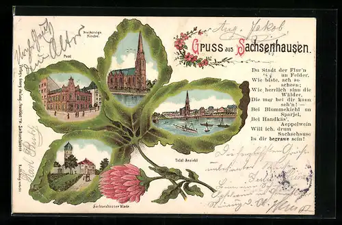 Passepartout-Lithographie Sachsenhausen, Post, Dreikönigskirche, Totalansicht und Sachsenhäuser Warte im Kleeblatt