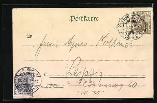 Passepartout-Lithographie Sachsenhausen, Post, Dreikönigskirche, Totalansicht und Sachsenhäuser Warte im Kleeblatt