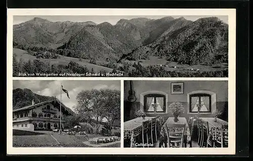 AK Ruhpolding /Obb., Bergcafe Weingarten Franz Hatzlberger mit Garten, Blick auf Nesslauer Schneid und Hochfelln