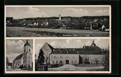 AK Ehrenhain /Thür., Totalansicht, Kirche mit Ehrenmal, Schloss