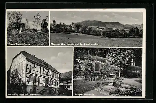 AK Meensen, Ortsansicht, Ruine Brackenburg, Gastwirtschaft zur Krone, Krieger-Ehrenmal