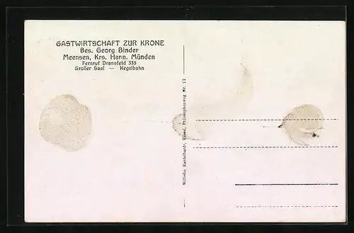 AK Meensen, Ortsansicht, Ruine Brackenburg, Gastwirtschaft zur Krone, Krieger-Ehrenmal