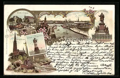 Lithographie Bremerhaven, Ortsansicht, Brücke ü. d. Geeste, Rothesand-Leuchtturm, Evangel. Kirche