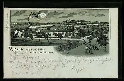 Wirtshaus-Lithographie Munster, Ortsansicht aus der Sicht eines Betrunkenen