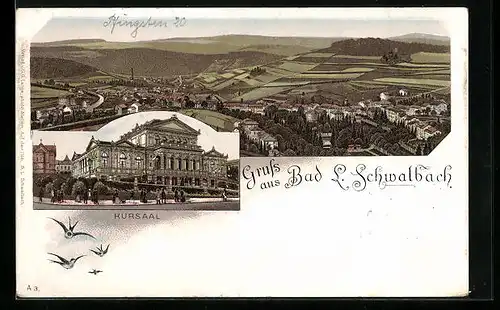 Lithographie Bad Langenschwalbach, Ortsansicht aus der Vogelschau, Kursaal