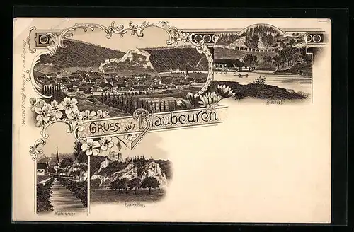 Lithographie Blaubeuren, Ortsansicht, Blautopf, Klosterkirche