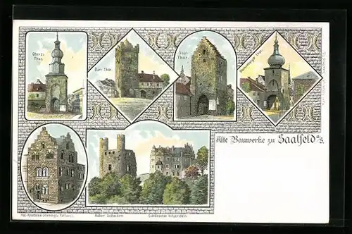 Lithographie Saalfeld a. S., Oberes Tor, Darr-Tor, Hof-Apotheke