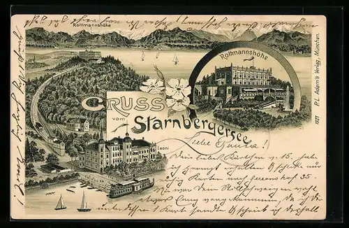 Lithographie Berg, Hotel Leoni am Starnbergersee, Zahnradbahn zur Rottmannshöhe