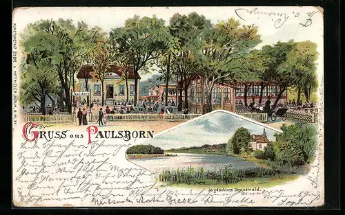 Lithographie Berlin-Grunewald, Gasthaus Paulsborn mit Garten, Jagdschloss Grunewald