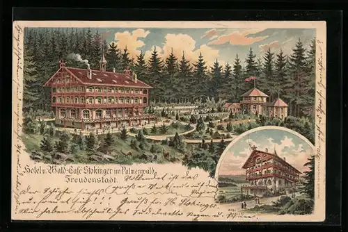 Lithographie Freudenstadt, Hotel und Wald-Cafe Stockinger im Palmenwald, Alb-Ansicht