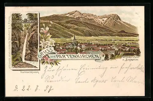 Lithographie Partenkirchen, Teilansicht mit Zugspitze, Partnachklamm