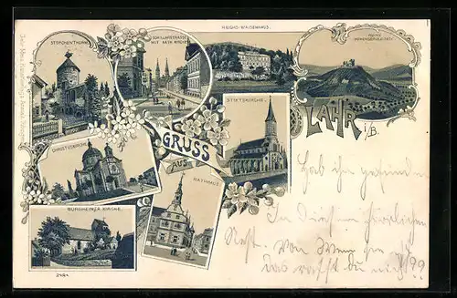 Lithographie Lahr i. B., Burgheimer Kirche, Ruine Hohengeroldseck, Reichs-Waisenhaus