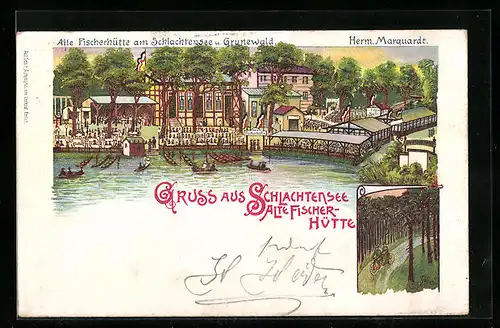Lithographie Berlin-Schlachtensee, Gasthaus Alte Fischerhütte am Schlachtensee, Partie im Grunewald mit Tandemfahrern