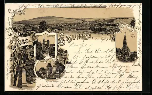 Lithographie Esslingen, Stadtkirche, Frauen-Kirche, Maillen-Treppe