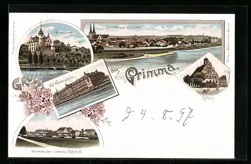 Lithographie Grimma, Gattersburgen, Königliche Fürstenschule, Ortspartie vom unteren Bahnhofe
