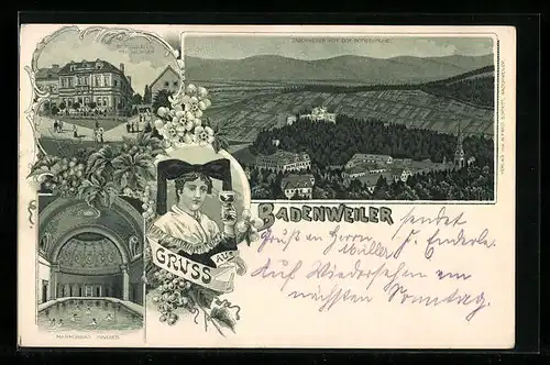 Lithographie Badenweiler, Restaurant Meissburger, Inneres Marmorbad, Panorama von der Sofienruhe