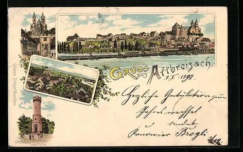 Lithographie Altbreisach, Teilansicht, Tullaturm, Ortspartie