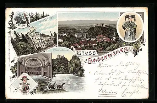 Lithographie Badenweiler, Hotel Sommer, Inneres Marmorbad, Schwanenweiher