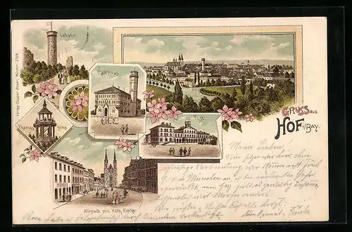 Lithographie Hof i. Bay., Rathaus, Altstadt mit Katholischer Kirche, Post